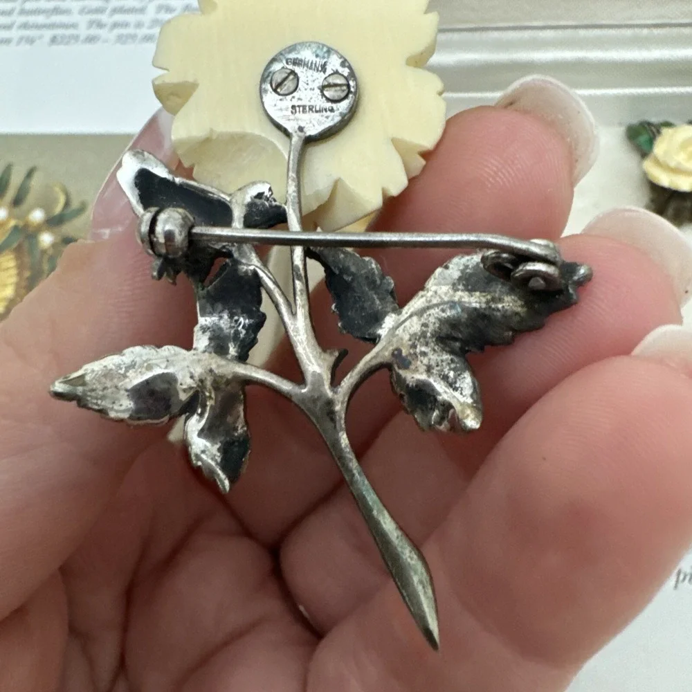alice caviness Sterling Set Brooch & Earrings Enameled Stems Germany EUC